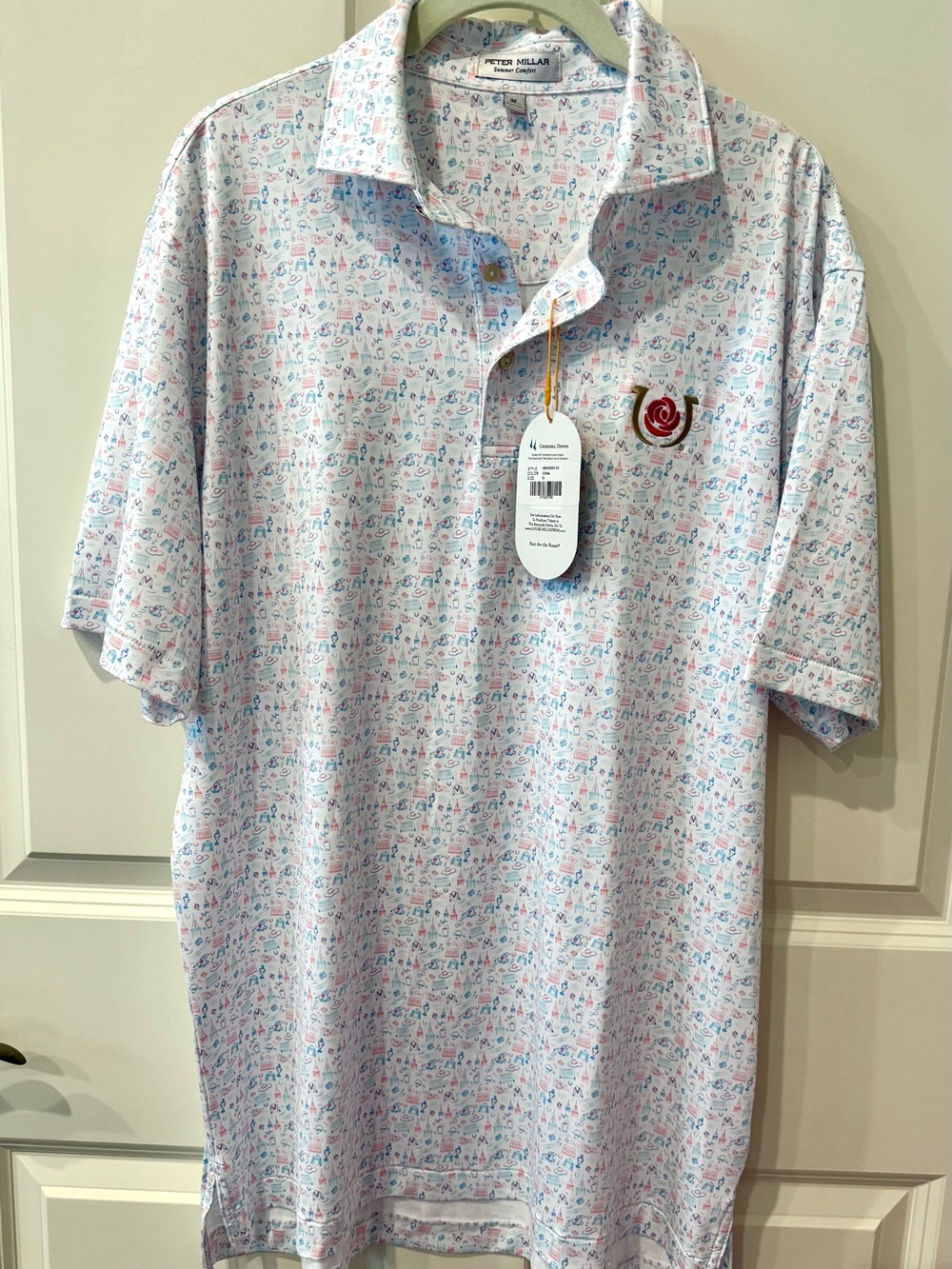 NWT Peter Millar Men’s White Kentucky Derby Multi-Print Polo Shirt, medium.